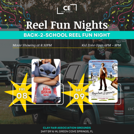 Reel Fun B2 School Feature Photo Event flyer with titles of scheduled movies.