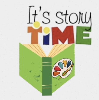 Story-Time Feature Photo Green book with "It's story time" written in colorful letters.