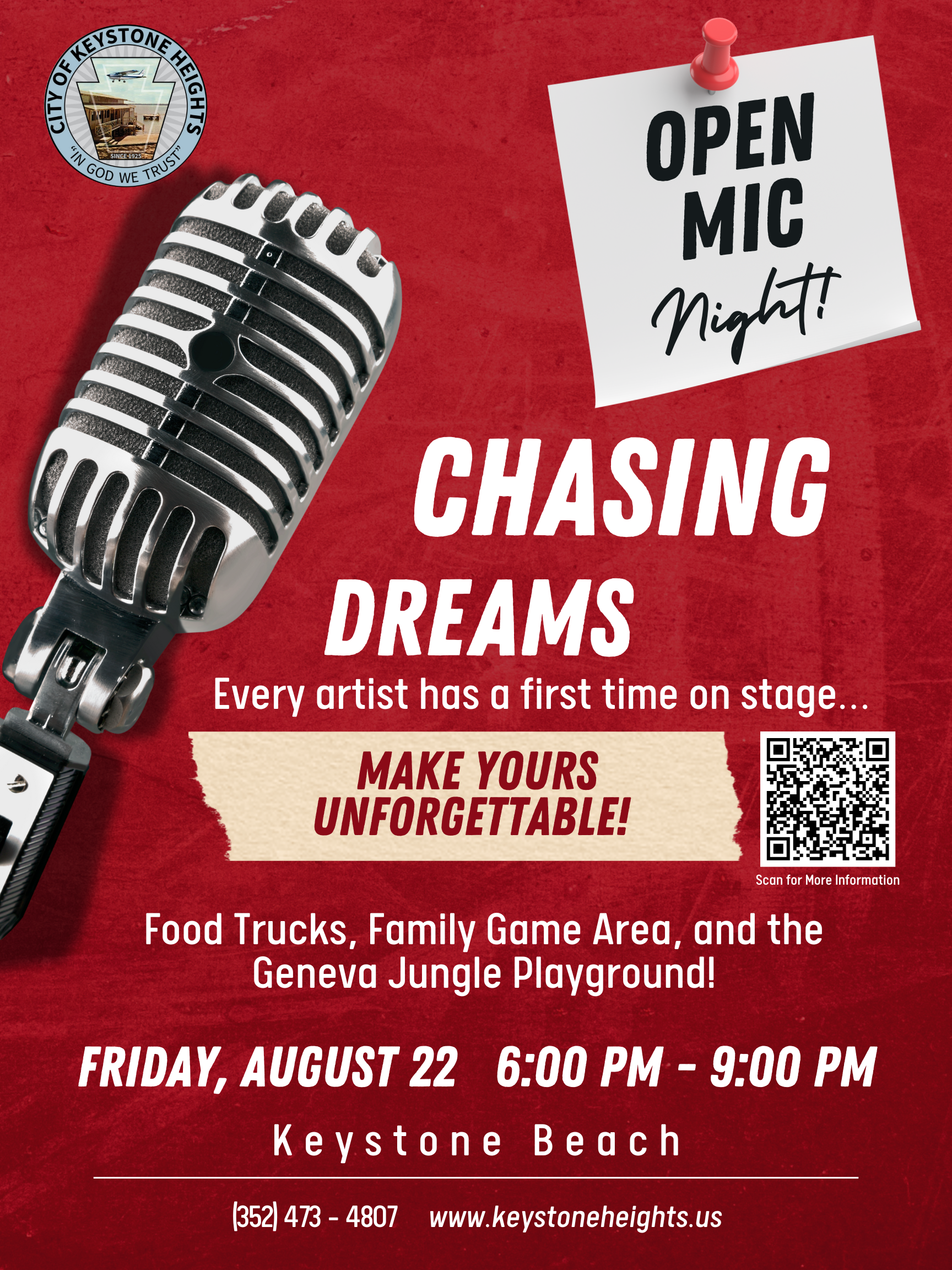 Open Mic Night Event flyer on a red background with a large picture of a microphone and event information.
