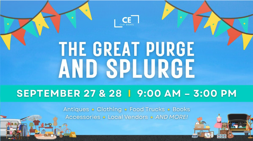 Purge and Splurge Feature Photo Event flyer on a blue background with different colored flags.