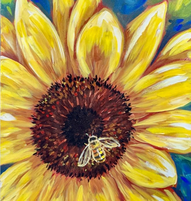 Sunflower Feature Photo Painted sunflower with a bee in the center.