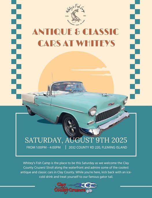 Whitey’s Cars Event flyer with a blue antique car and event information.