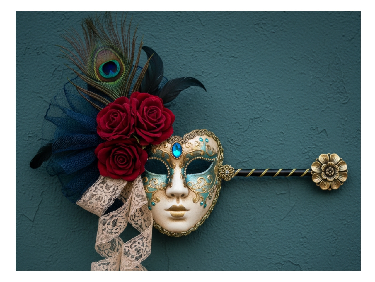 Masquerade Feature Photo Masquerade mask with red flower on blue background.